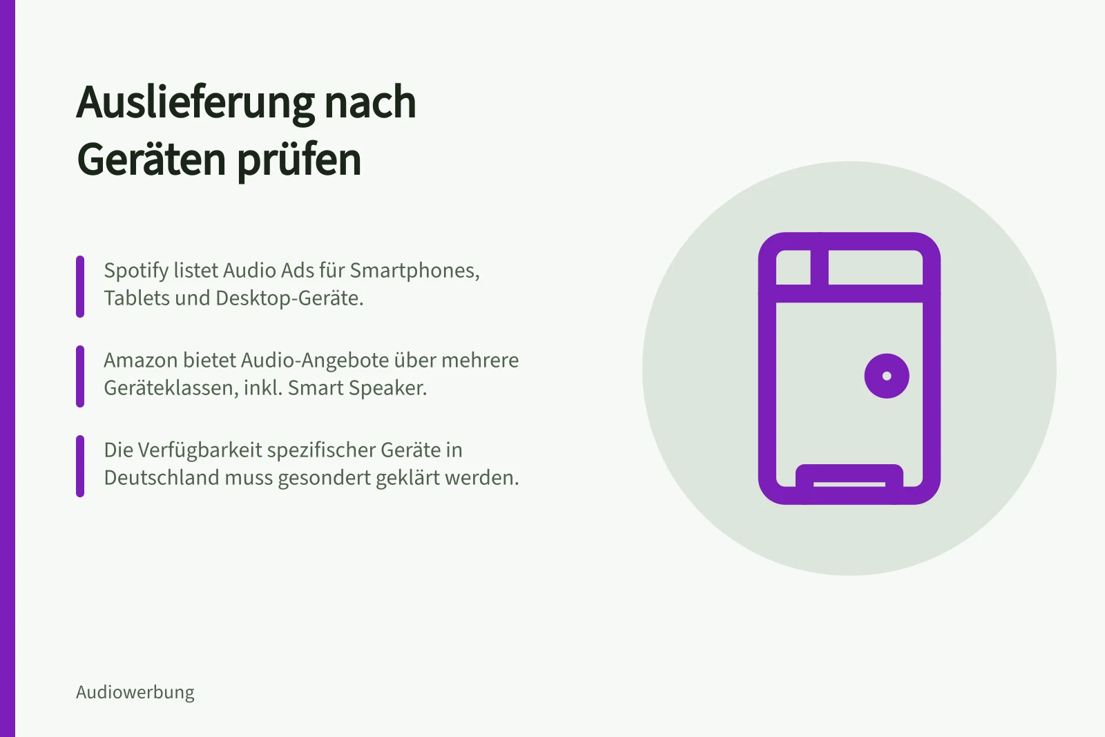Auslieferung nach Geräten prüfen: Spotify listet Audio Ads für Smartphones, Tablets und Desktop-Geräte.; Amazon bietet Audio-Angebote über mehrere Geräteklassen, inkl. Smart Speaker.; Die Verfügbarkeit spezifischer Geräte in Deutschland muss gesondert geklärt werden.