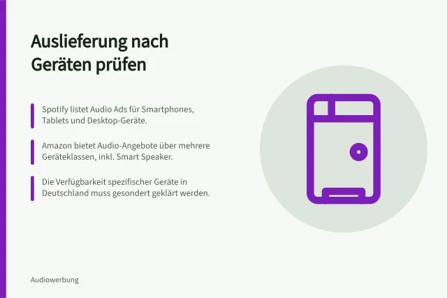 Auslieferung nach Geräten prüfen: Spotify listet Audio Ads für Smartphones, Tablets und Desktop-Geräte.; Amazon bietet Audio-Angebote über mehrere Geräteklassen, inkl. Smart Speaker.; Die Verfügbarkeit spezifischer Geräte in Deutschland muss gesondert geklärt werden. Auslieferung nach Geräten und Umfeldern prüfen