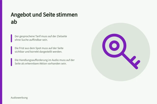 Angebot und Seite stimmen ab: Der gesprochene Tarif muss auf der Zielseite ohne Suche auffindbar sein.; Die Frist aus dem Spot muss auf der Seite sichtbar und korrekt dargestellt werden.; Die Handlungsaufforderung im Audio muss auf der Seite als erkennbare Aktion vorhanden sein. Die Zielseite mit dem gesprochenen Angebot abstimmen