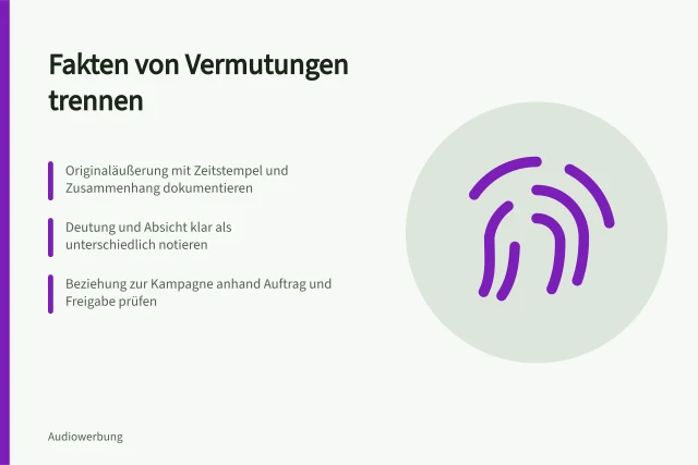 Fakten von Vermutungen trennen: Originaläußerung mit Zeitstempel und Zusammenhang dokumentieren; Deutung und Absicht klar als unterschiedlich notieren; Beziehung zur Kampagne anhand Auftrag und Freigabe prüfen. Dokumentierte Fakten von Vermutungen über Hosts trennen