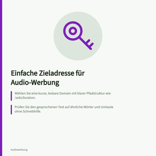 Einfache Zieladresse für Audio-Werbung: Wählen Sie eine kurze, lesbare Domain mit klarer Pfadstruktur wie /wiki/Aviation.; Prüfen Sie den gesprochenen Text auf ähnliche Wörter und Umlaute ohne Schreibhilfe.; Verwenden Sie 301-Weiterleitung für dauerhafte Änderungen, 302 für vorübergehend. Eine leicht merkbare Zieladresse für Audio-Werbung wählen