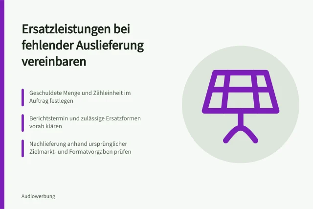 Ersatzleistungen bei fehlender Auslieferung vereinbaren: Geschuldete Menge und Zähleinheit im Auftrag festlegen; Berichtstermin und zulässige Ersatzformen vorab klären; Nachlieferung anhand ursprünglicher Zielmarkt- und Formatvorgaben prüfen. Ersatzleistungen bei fehlender Auslieferung vereinbaren