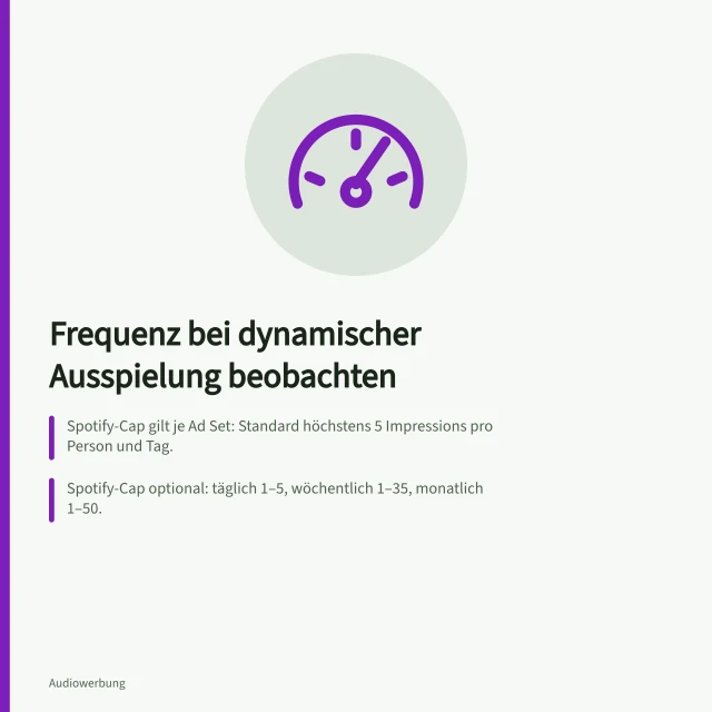 Frequenz bei dynamischer Ausspielung beobachten: Spotify-Cap gilt je Ad Set: Standard höchstens 5 Impressions pro Person und Tag.; Spotify-Cap optional: täglich 1–5, wöchentlich 1–35, monatlich 1–50.; Spotify-Bericht auf Ad-Set-Ebene öffnen: See overview, Tab Report. Frequenz bei dynamischer Ausspielung beobachten