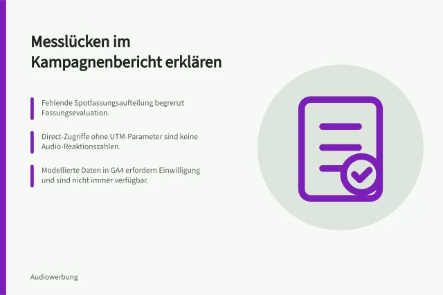 Messlücken im Kampagnenbericht erklären: Fehlende Spotfassungsaufteilung begrenzt Fassungsevaluation.; Direct-Zugriffe ohne UTM-Parameter sind keine Audio-Reaktionszahlen.; Modellierte Daten in GA4 erfordern Einwilligung und sind nicht immer verfügbar. Messlücken im Kampagnenbericht erklären